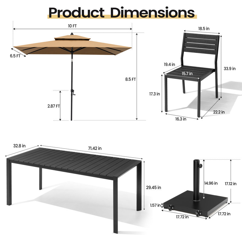 Ensemble repas pour 6 personnes en aluminium avec chaises empilables, parasol de patio et base lestée, Tanné, Noir