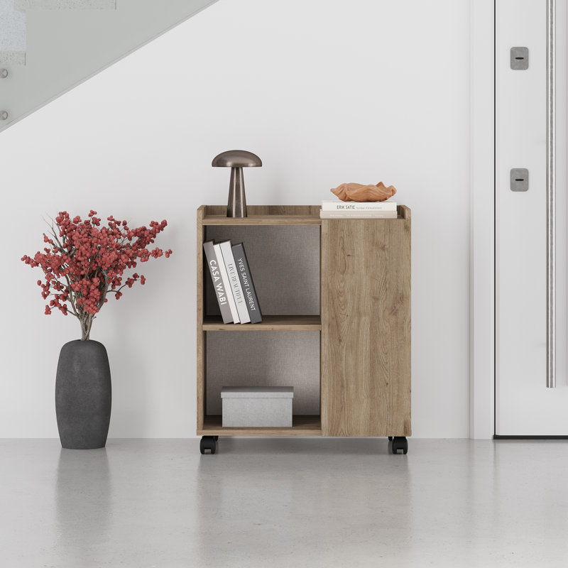 Zeo Compact Mobile Cabinet With Open Shelves And Door Rolling Storage Unit For Entryway, Living Room, Bedroom, Natural