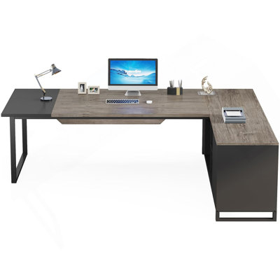 Bureau de direction en L 70,8 po avec classeur de 55 po, grand poste de travail industriel avec rangement, bureau d'angle pour la maison et le bureau, gris rétro et noir