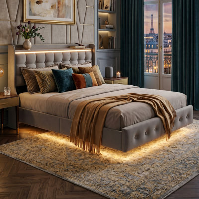 EU Double & Kingsize Floating Smart Velvet Bed with LED Lights, Upholstered Bed Frame with USB & Type-C Charging Station, Beige & Grey, 140/160x200cm