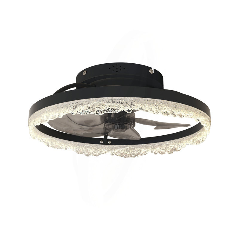 Ventilateur de plafond à DEL décoratif de 16 po - Plafonnier encastré moderne avec anneau en acrylique d'inspiration cristal, pales cachées, télécommande et lumière à intensité variable pour les maisons élégantes