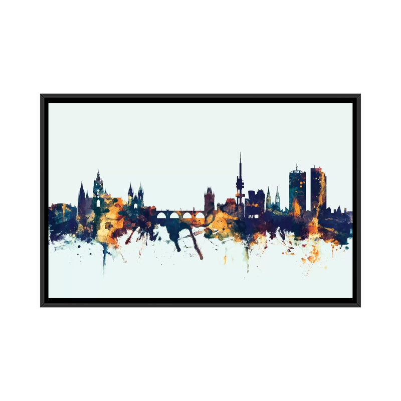 Skyline Series: Prague, République tchèque, impression sur toile tendue en bleu, H 18 po x l 26 po x P 1,5 po, Pas de tapis