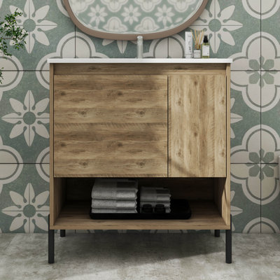 Meuble-lavabo en bois 30 po, armoire avec tiroir coulissant et lavabo encastré en céramique