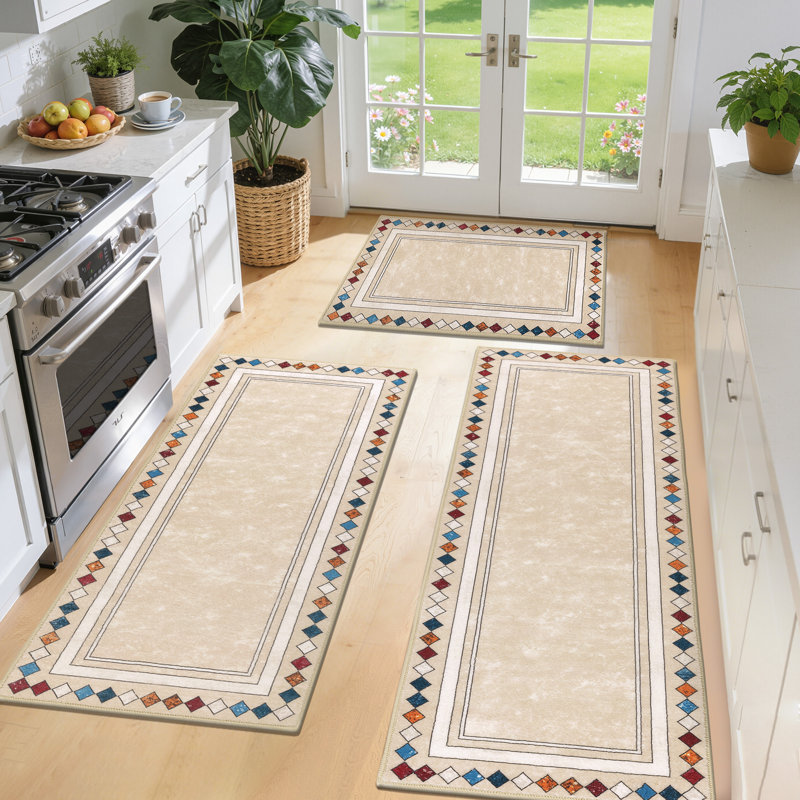 Elegant Nylon-Look Kitchen Mat Runner (Set of 3), Beige
