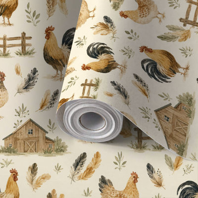 Peel and Stick Wallpaper Contact Paper Farmyard Chickens Roosters Seamless Watercolor Warm Self Adhesive and Removable 17.7in x 118in(45x300cm)