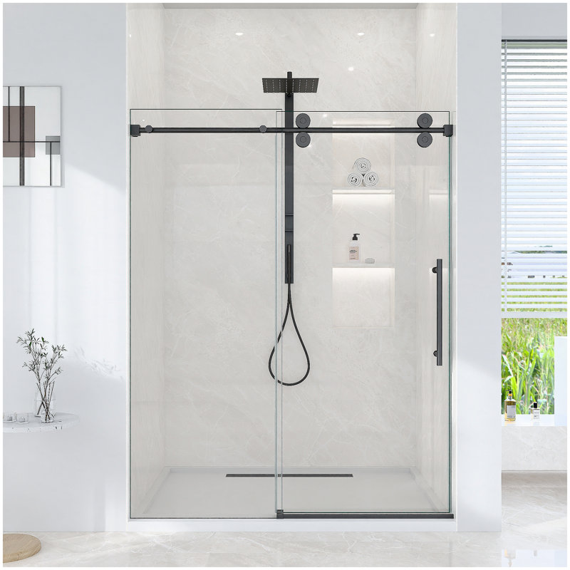 Porte de douche coulissante simple sans cadre de 44 à 48 po x H 76 po - Verre trempé transparent de 5/16 po (8 mm), conception de dérivation avec finition noir mat