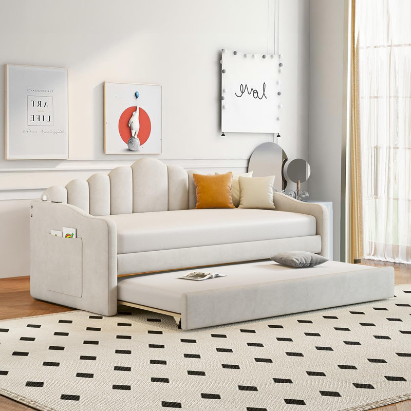 Lit de jour simple rembourré avec couchette, Beige