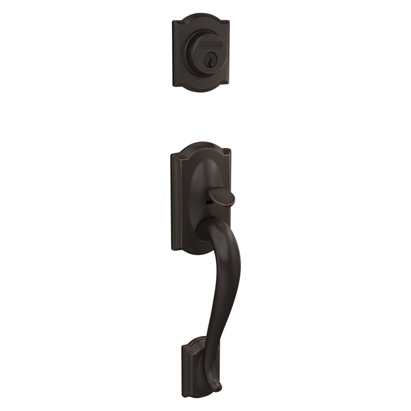 Camelot Handleset with Deadbolt and Flair Door Lever and Rosette, Aged Bronze, Left Hand