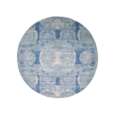 Tapis oriental rond en laine bleue et soie pure noué à la main 12 pi 0 po x 12 pi 1 po - MOA10275090