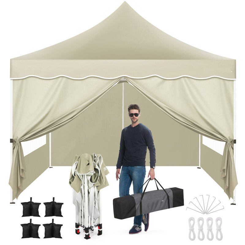 10x10 Pop Up Canopy Tent for Parties with 4 Removable Sidewalls 4 Sandbags, 4 Ropes, 4 Stakes & Wavy Edge, One Person EZ Setup