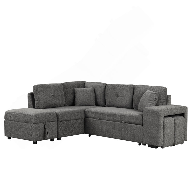 Canapé-lit convertible 87,7 po, canapé-lit modulaire escamotable avec repose-pieds avec rangement, 2 coussins décoratifs, 2 tabourets, chargeur sans fil et deux ports USB cachés pour le salon, gris foncé