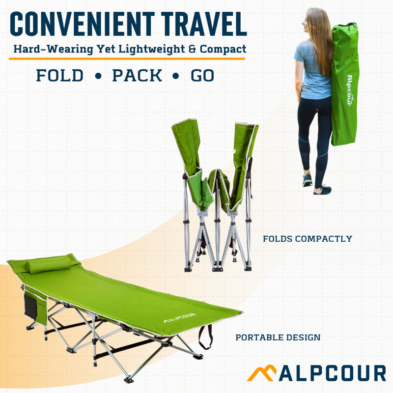 Alpcour Folding Camping Cot - Compact Single Person Bed with Pillow for Indoor & Outdoor Use, Green