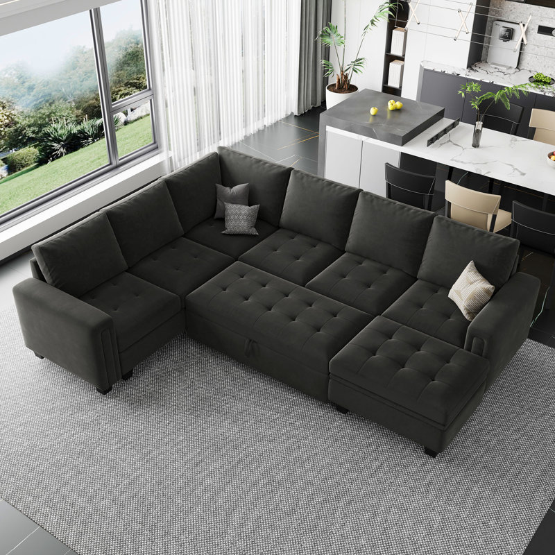 Canapé-lit modulaire en L avec repose-pieds Shavera, Velours gris velours