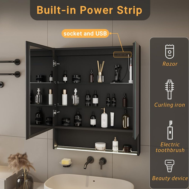 30"×34" Lighted Medicine Mirror Cabinet with Storage Adjustable Brightness 3 Color Temperature Lighting