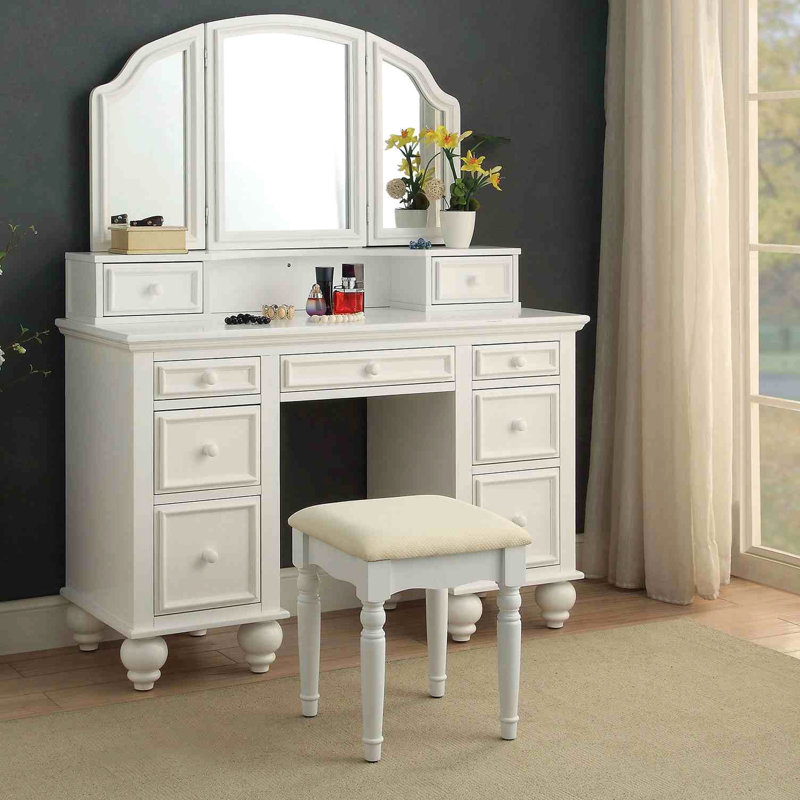 Meuble-lavabo de style transitionnel 1pc avec ensemble de tabouret avec poignées de rangement et tiroirs avec miroir à 3 côtés et finition blanche