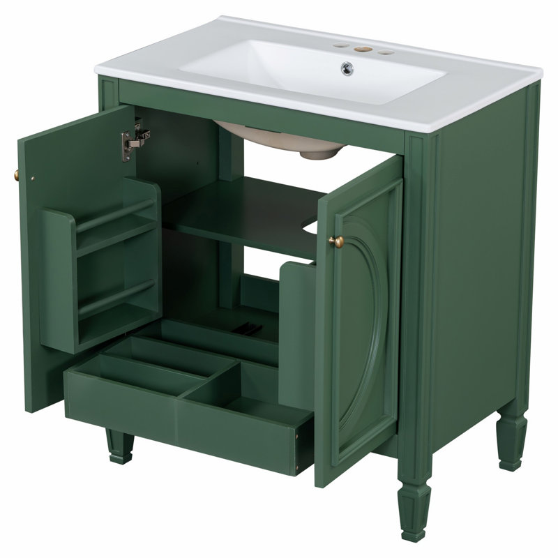 Bathroom Vanity With Ceramic Sink, Storage Drawer And Soft Close Doors, Green
