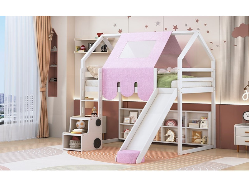 Structure de lit mezzanine simple en bois avec tente - aucun sommier nécessaire, robuste et amp; Fonctionnel
