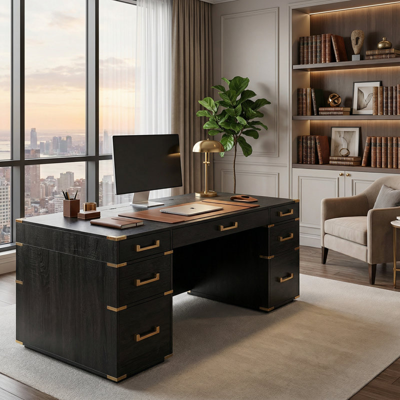 70-inch Executive Desk, Classic Traditional Style with Metal Edge Trim, 2 File Drawers, Built-in USB Ports and Power Outlets, Hidden Storage Compartment for Home Office