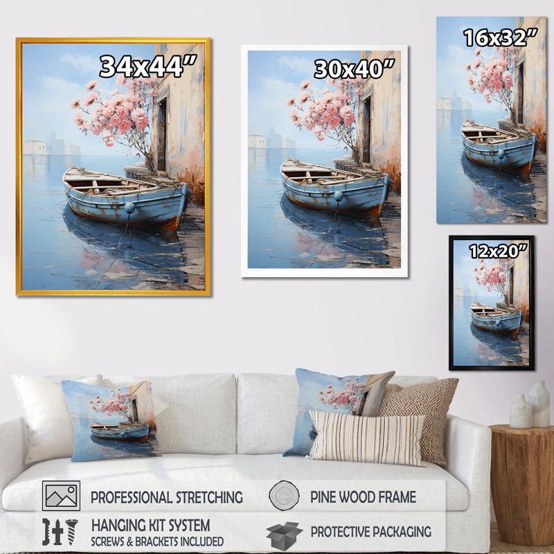 Pastel Port Boat Blooms I - Coastal Boat Wall Art, Black Picture Frame, 20" H x 12" W x 1" D