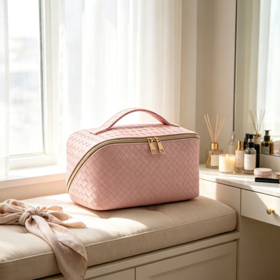 PU Leather Ins Woven Handheld Makeup Bag, Portable Cosmetics Storage Bag, Waterproof Toiletry Bag, Women High-end Cosmetic Organizer for Travel and Daily Use, Pink