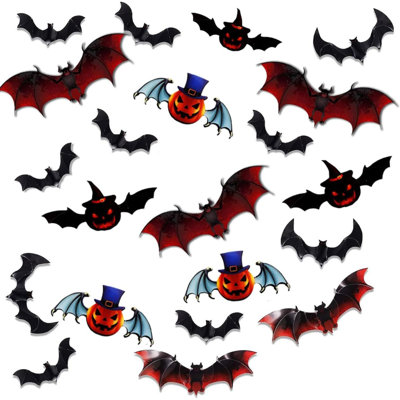 24 Pcs Halloween Bats, 3D Wall Stickers, Black Red PVC Pumpkin Bats, Halloween Decorations for Indoor/Outdoor