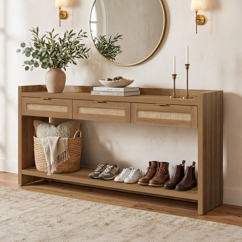 Natural Rattan Console Table With Drawers & Open Shelf, Modern Farmhouse Entryway Table With Anti-Slip Raised Edge & Adjustable Feet For Living Room, Hallway, Bedroom