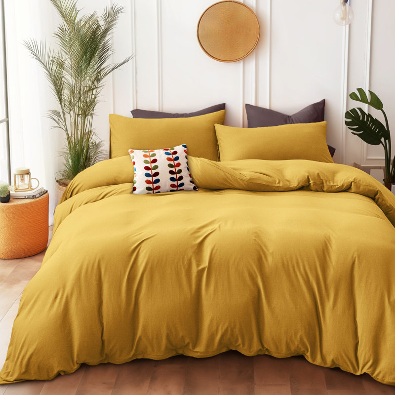 HOME BEDDING Jersey Cotton Duvet Cover Set, Yellow, King Duvet Cover + 2 King Shams