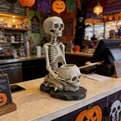 Squelette d'Halloween tenant un ornement en résine de chandelier adapté aux bureaux et à la maison, les décorations de bureau peuvent être placées à l'intérieur ou à l'extérieur
