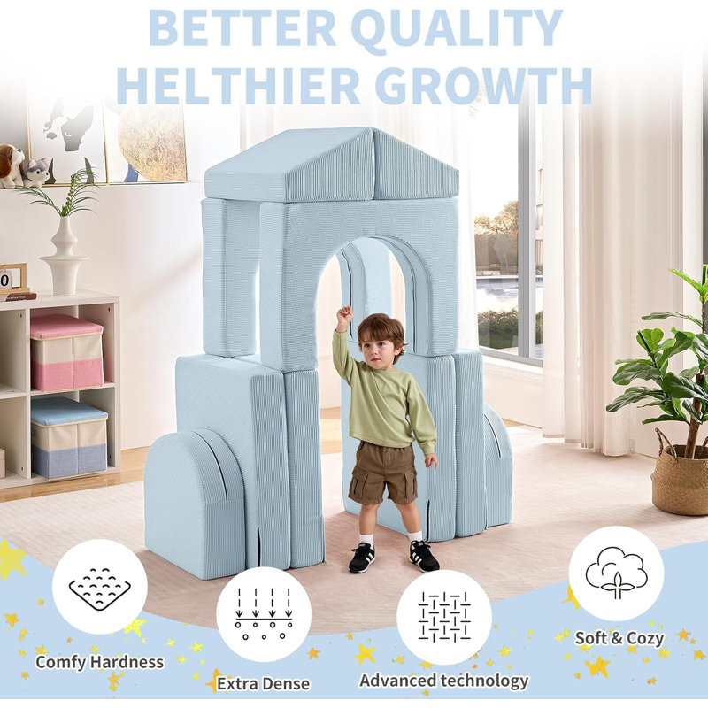Kids and Toddler Play Couch, Convertible Folding Sofa, Modular Kids Couch for Playroom, Light Blue