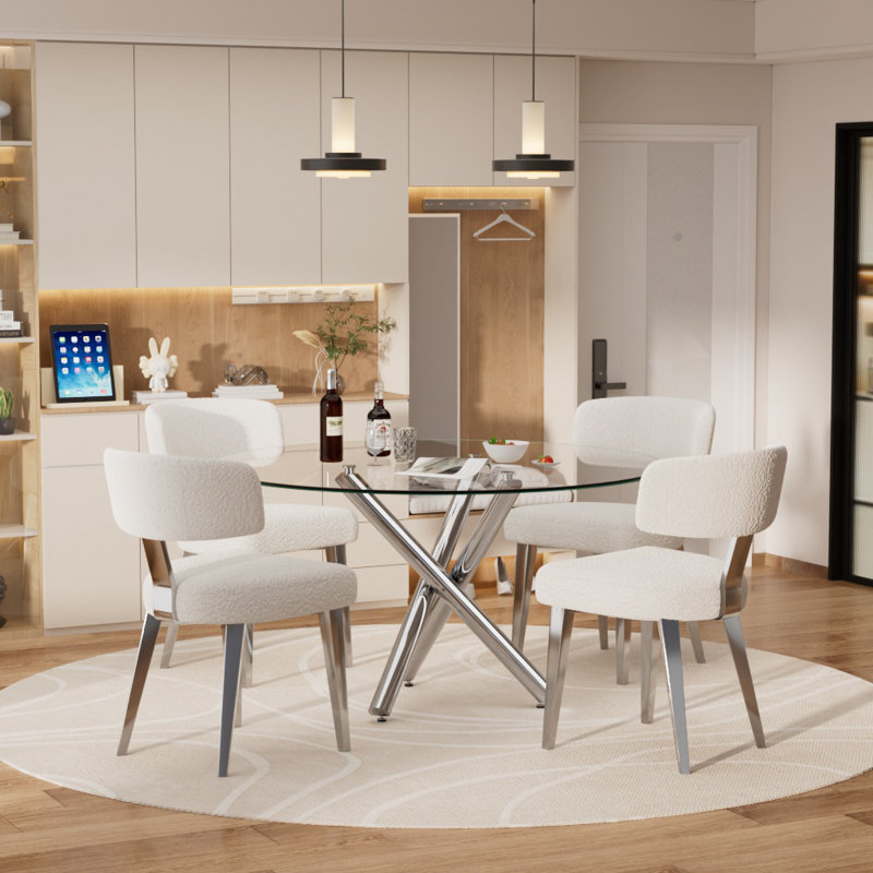 Modern Round Tempered Glass Dining Table Set With Bouclé Chairs, 3/5 Piece Contemporary Kitchen Table And Chairs, Small Space Dining Set With Metal Base, White