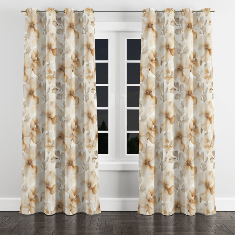 Floral Velvet Curtains - French Country Cream Bloom Grommet Curtain - 1 Panel, Gold Grommets, 52" W x 90" L