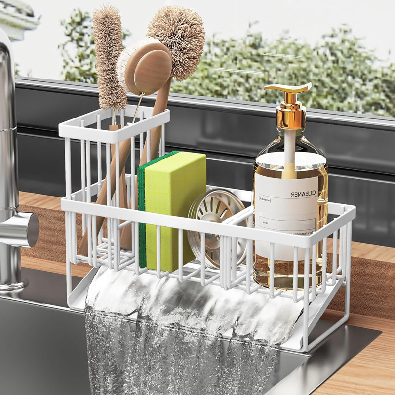 304 Rustproof Stainless Steel Kitchen Sink Caddy, High Brush Holder, Sponge Holder & Soap Dispenser Organizer, White