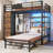 Bunk Beds with Bookshelves Storage & Hall Tree and 5 Under-bed Drawers, Metal Platform Captain Bed with Safe Guardrails-1680424712