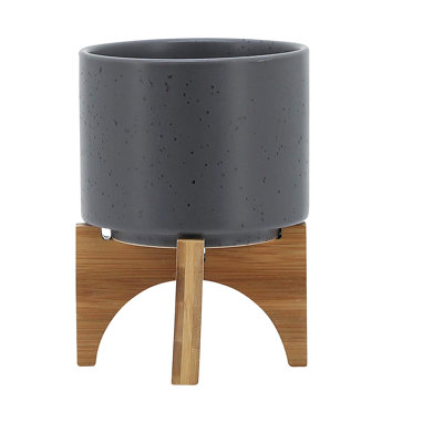 5" PLANTER W/ WOOD STAND, MATTE GRAY