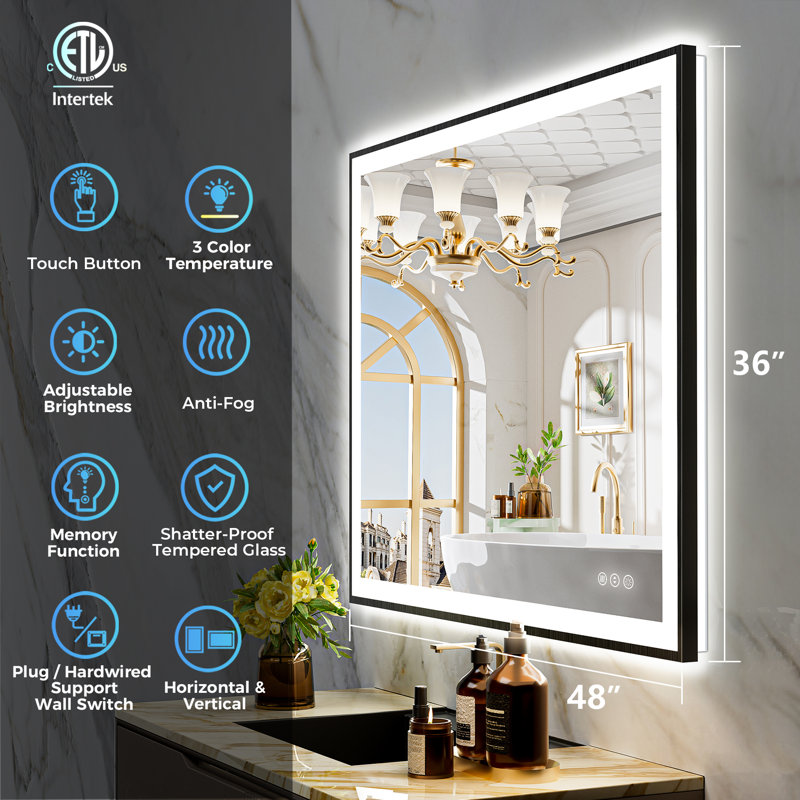 Matte Black Matel Framed Vanity Mirror with Lights, Front-lit and Back-lit, Memory Function, 3 Color Temperatures, Dimmable Light & Anti-fog Tempered Glass ETL Listed LED Mirror