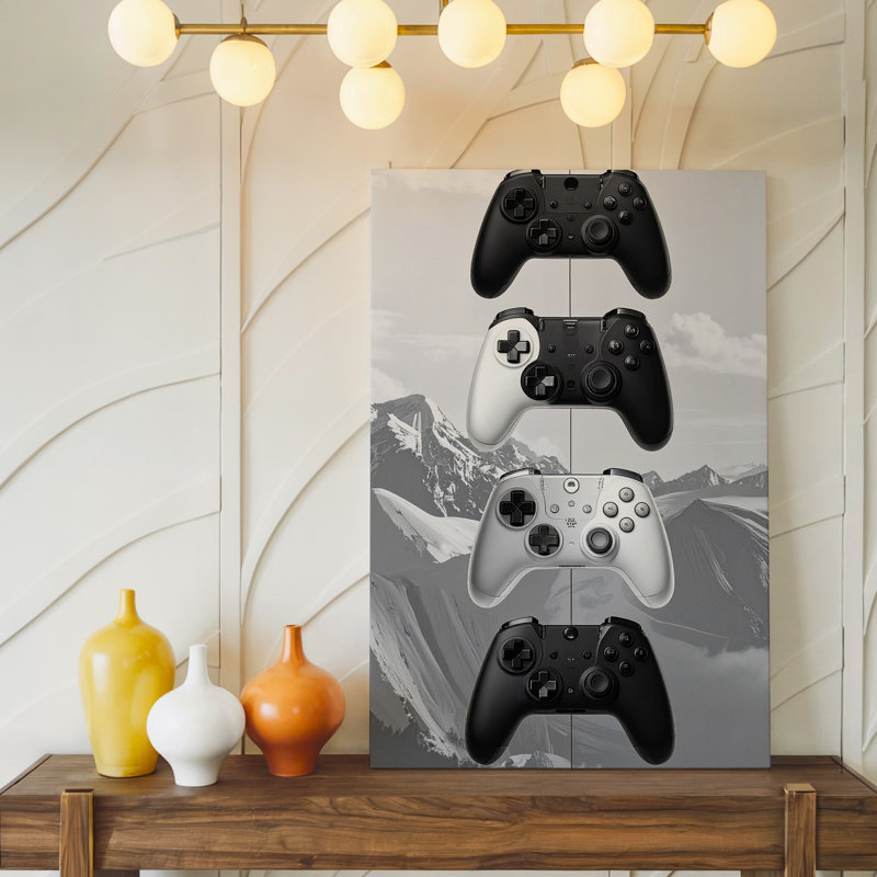 Art mural sur toile, contrôleurs de console de jeu monochromes minimalistes, étude de jeu verticale de précision, prêt à accrocher