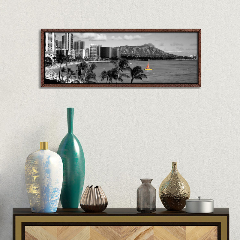 Waikiki Beach, Honolulu, Hawaii, USA Color Pop 1 Piece Panoramic Wall Art on Canvas, 30.48 cm H x 91.44 cm W
