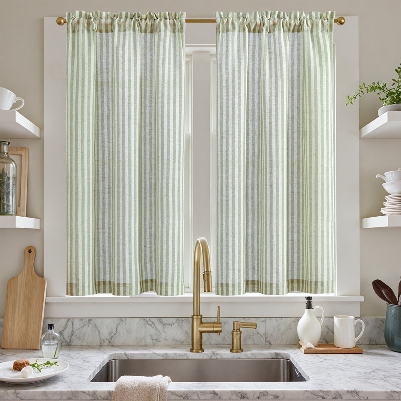 Linen Rod Pocket  Light Filtering Striped Kitchen Cafe Curtains Curtains, Green/Beige, 26" W x 45" L