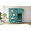 Lit escamotable mural simple avec bibliothèque, armoire supérieure, bureau extensible et rangement latéral, bleu sarcelle