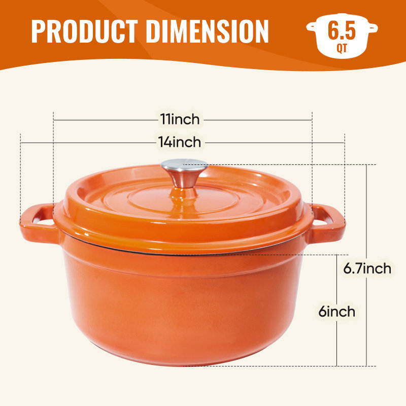 Faitout en fonte émaillée de 6,5 pintes avec couvercle, cocotte en fonte avec deux poignées pour la cuisson du pain, la cuisson, la batterie de cuisine antiadhésive avec revêtement en émail (orange)