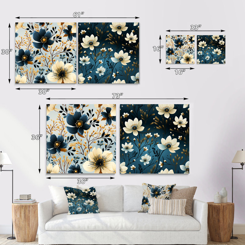 «Blue and Ivory Coastal Elegance Floral» - ensemble de 2 verres muraux en acrylique, H 36 po x l 73 po