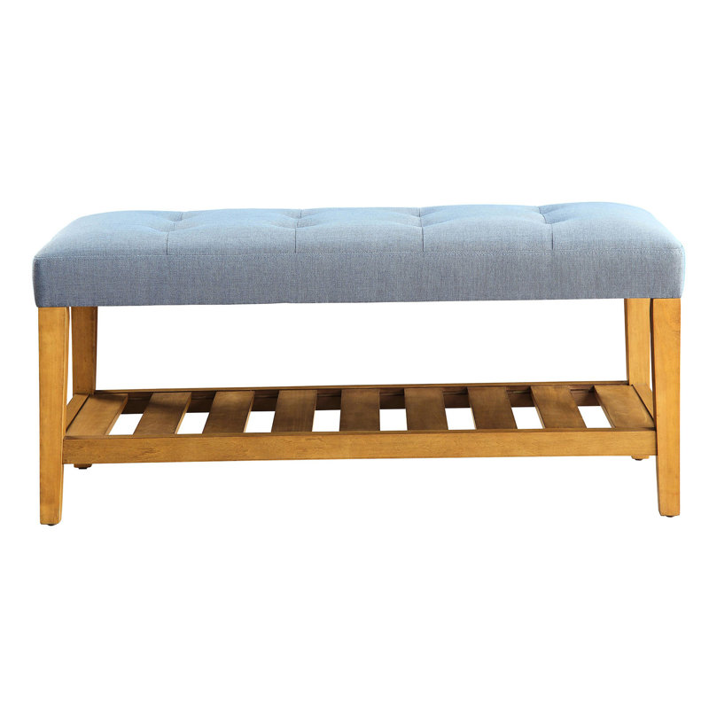 Banc en tissu bleu avec tablette en chêne et siège au design pratique