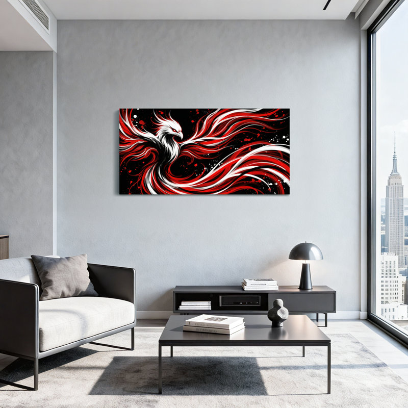 Illustration de Phénix animaux, rouge, blanc et noir, H 16 po x l 32 po
