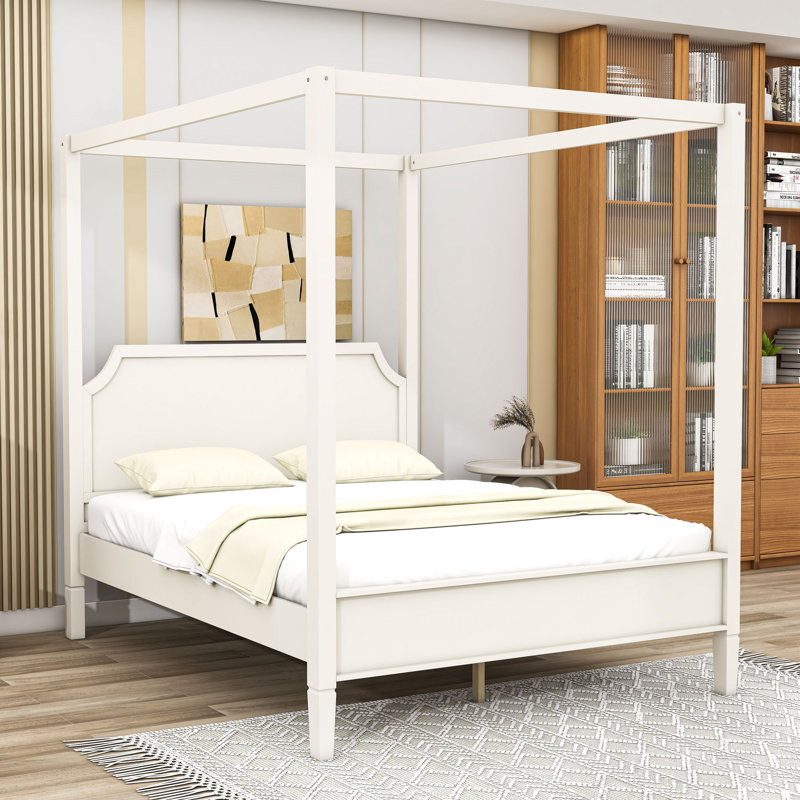Lit plateforme à baldaquin en bois avec tête de lit et lattes intégrées, Grand lit, Blanc / crémeux