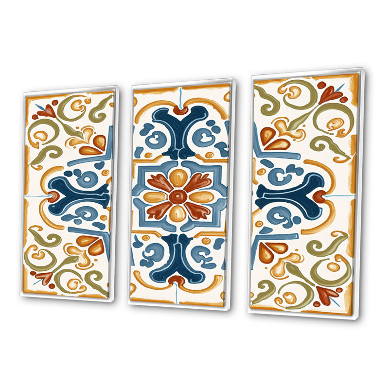 «Méditerranée Tiles in Retro Blue II», reproduction sur toile 3 pièces, H 20 po x l 36 po x P 1 po, Toile avec cadre blanc