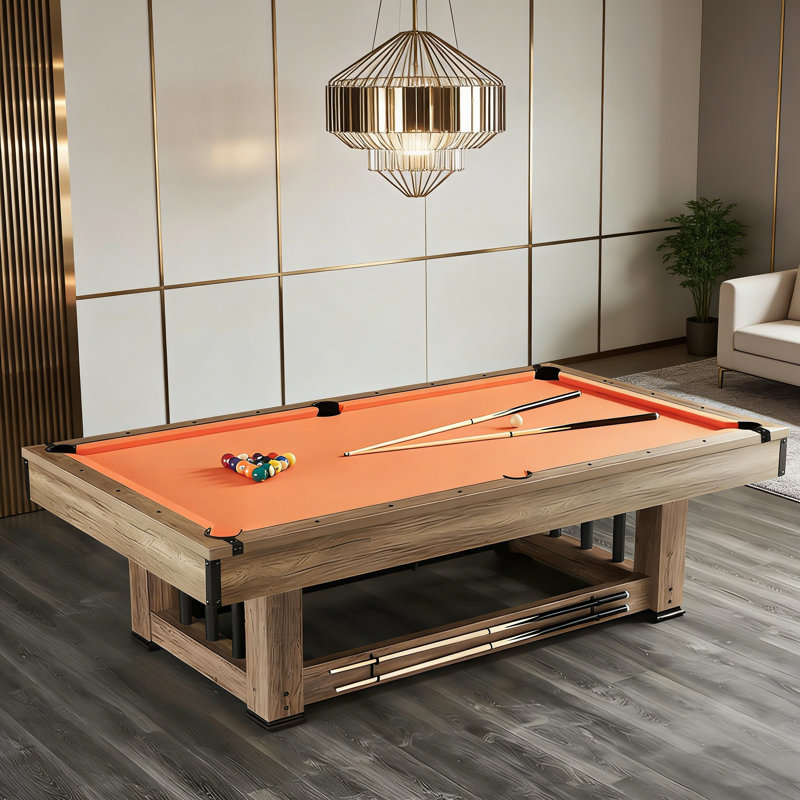 Table de billard 100% noire style industriel 100,39 ", tissu orange, surface en marbre, finition grain de bois, rangement pour queues de billard