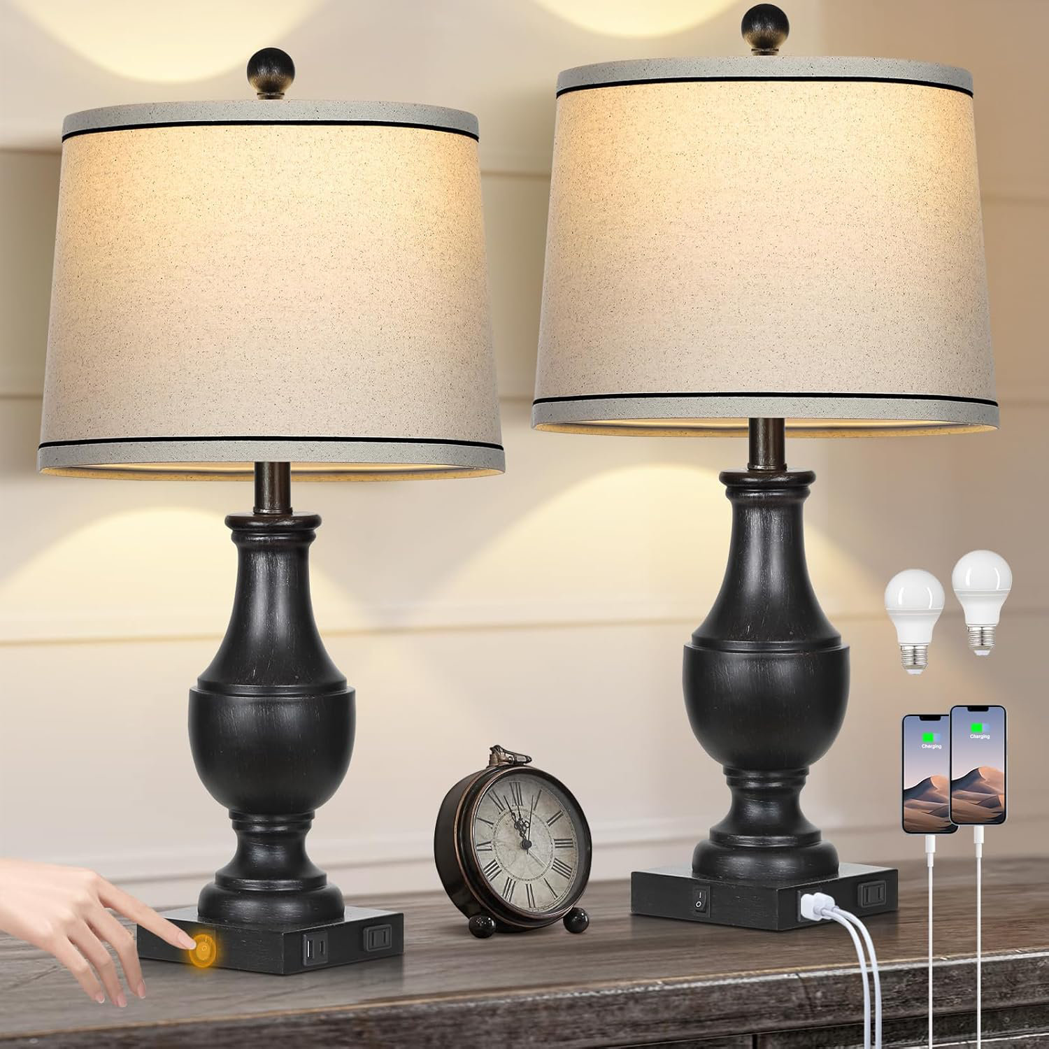 Canora Grey Vintage Farmhouse Table Lamps Set Of 2 With USB Charging ...