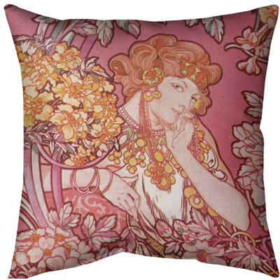 Coussin décoratif alphonse mucha femme entre fleurs