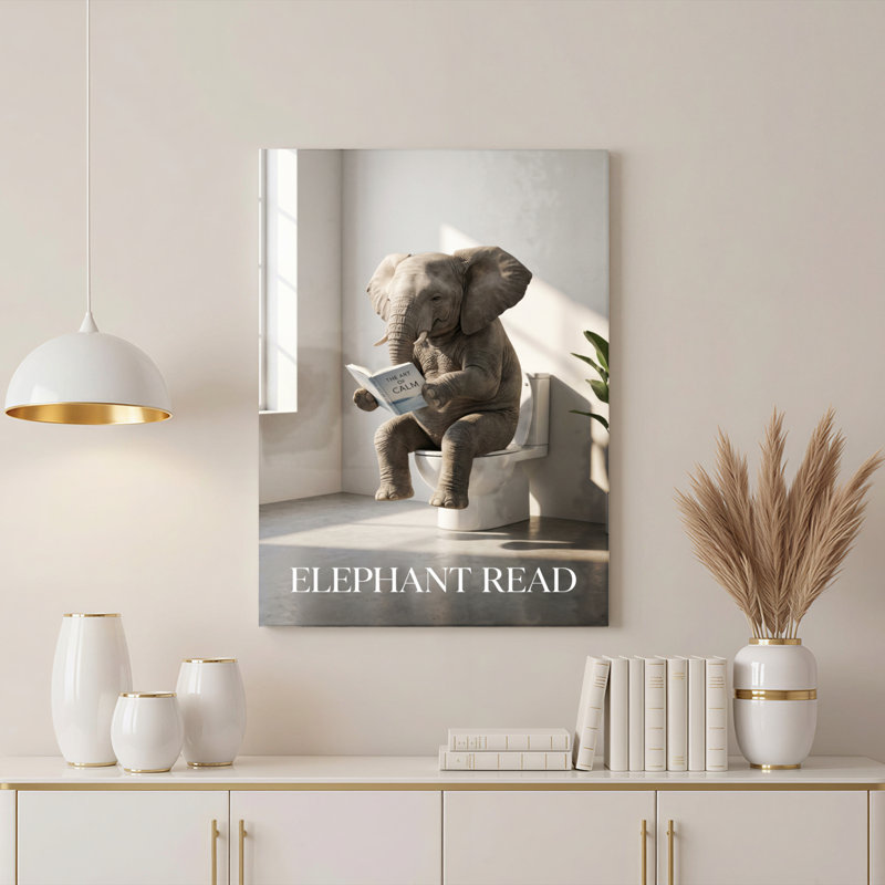 Ensemble de 1 tableau sur toile représentant un éléphant lisant un livre, H 18 po x l 12 po