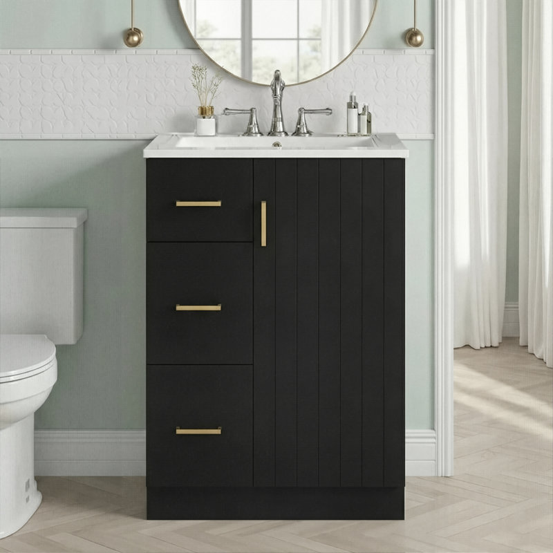 Ensemble de meuble-lavabo autoportant 24 po avec lavabo en céramique et armoire de rangement, 2 tiroirs, 1 tablette et 1 porte à fermeture douce